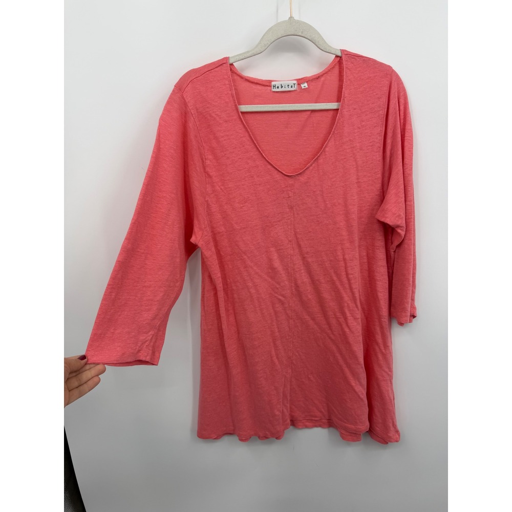 Habitat 29128 V-Neck Tunic Women XL Pink 100% Linen 3/4 Sleeve Slub Knit Top